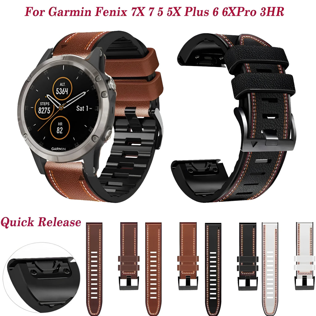 Garmin Fenix quick release silicone leather watchband in black, showing strap and quick release spring bars