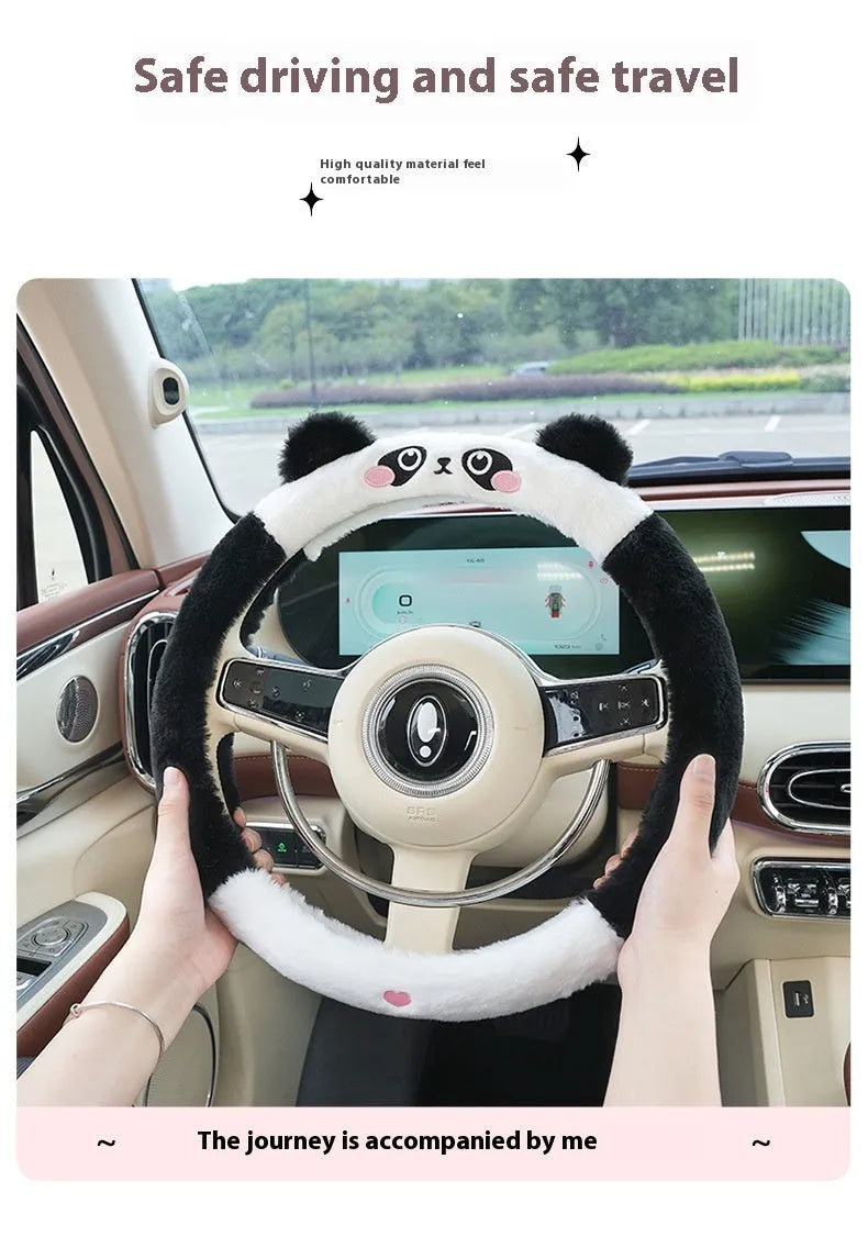 Plush winter steering wheel cover with embroidered animal design fits 38cm diameter