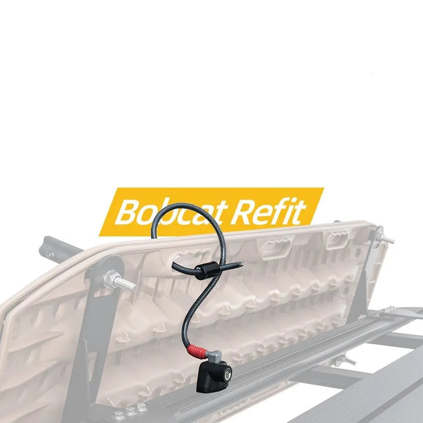 Roof platform steel cable lock with plastic sheath shown securing a ladder, highlighting no-punch installation.