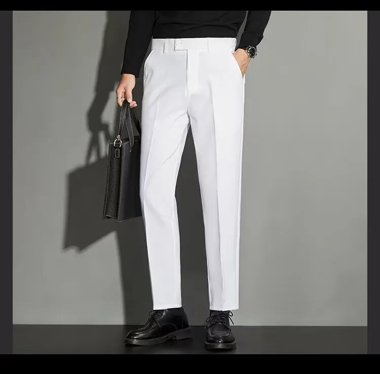 Men's straight ankle-length suit trousers with spring draping effect in chemical fibre blend fabric
