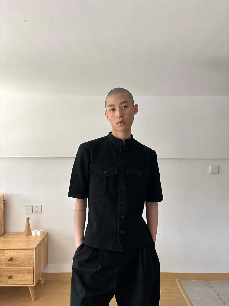 Handmade black hunting suit shirt with half sleeves, shirt collar, and single-breasted placket