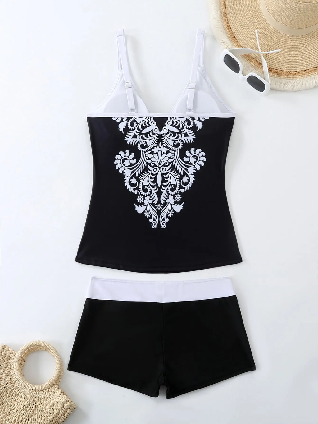 Plus size women's swimsuit set with top and shorts in black or rose red briefs style
