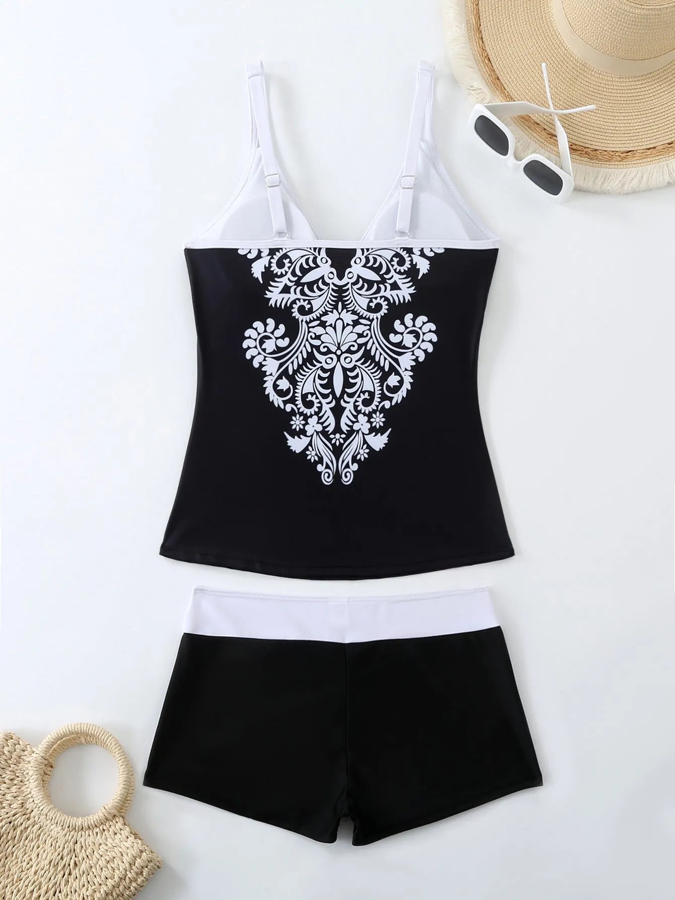 Plus size women's swimsuit set with top and shorts in black or rose red briefs style