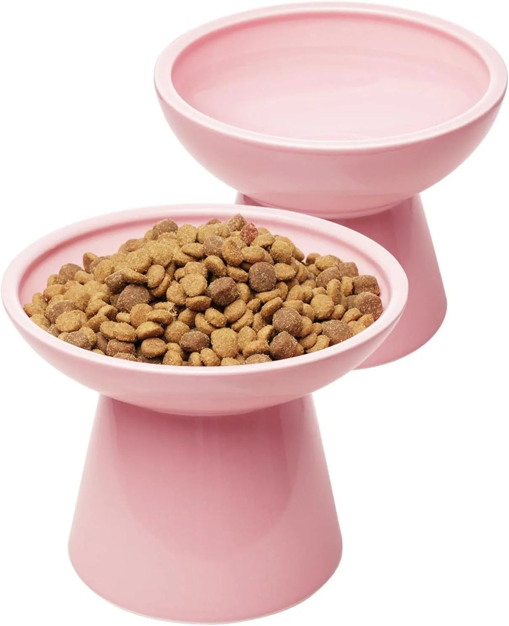 Blue wide ceramic elevated cat food bowl on a white background.