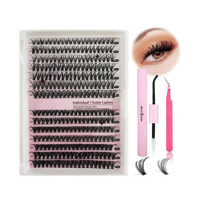 Mixed package of DIY cluster false eyelashes showing 30D and 40D densities with tweezers
