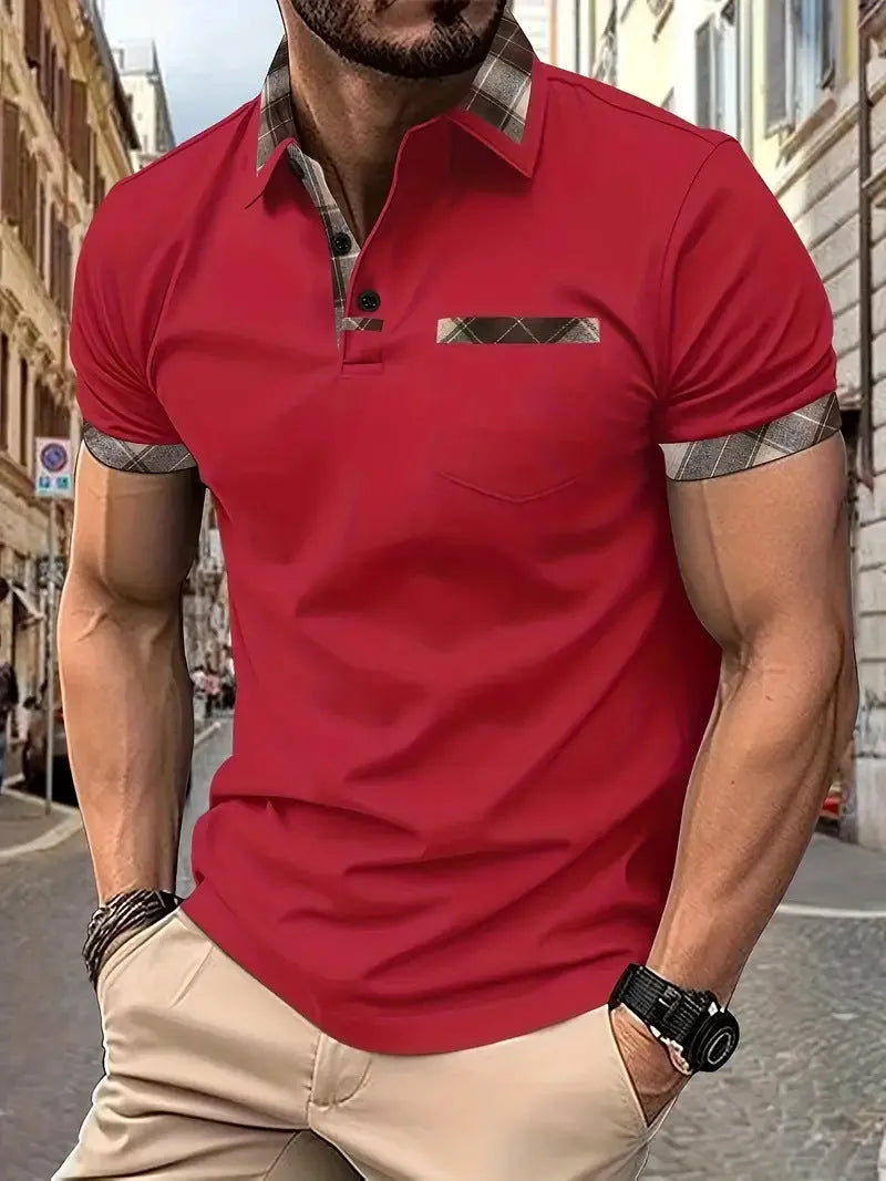 Men's loose fit colourblock plaid t-shirt with zip decorations in multiple colour options
