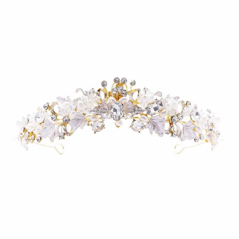 Gold and silver alloy pearl crown headdress for women, European style formal hair accessory.