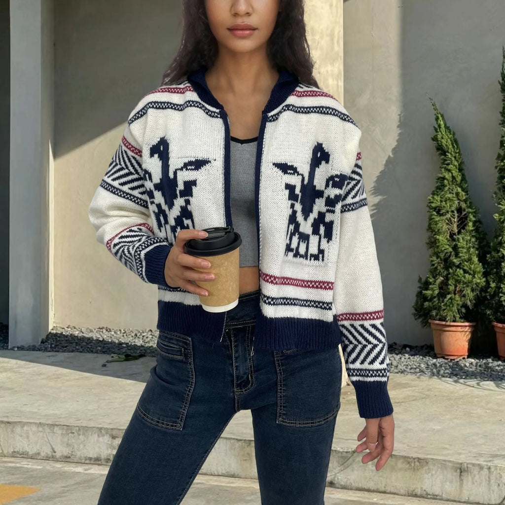 White women's wool cardigan with front zipper, lapel collar, and contrast stripe pattern
