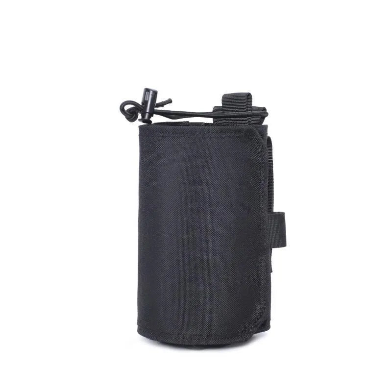 Outdoor adjustable bottle cover made from black Oxford cloth with a khaki PU lining.