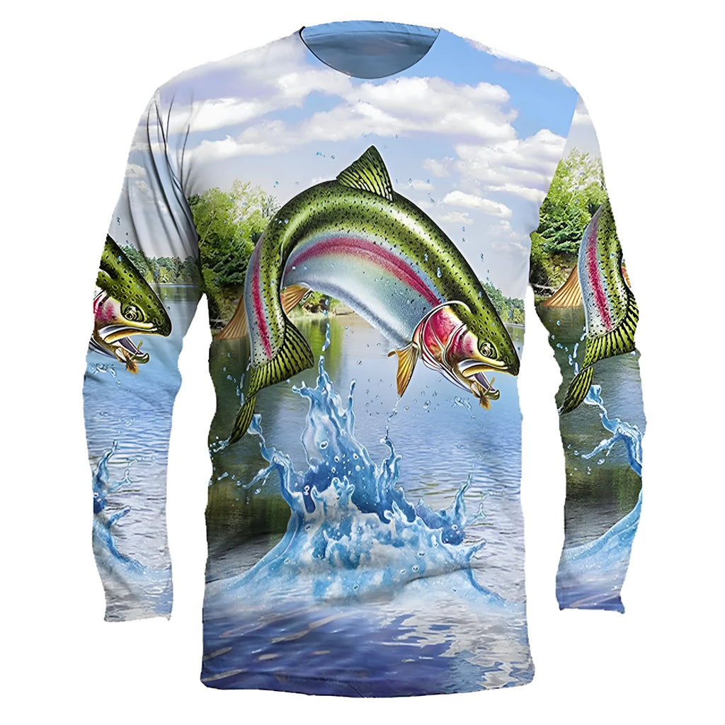 Men's grey round neck long-sleeve top with a large printed blue and orange fish graphic on the front.