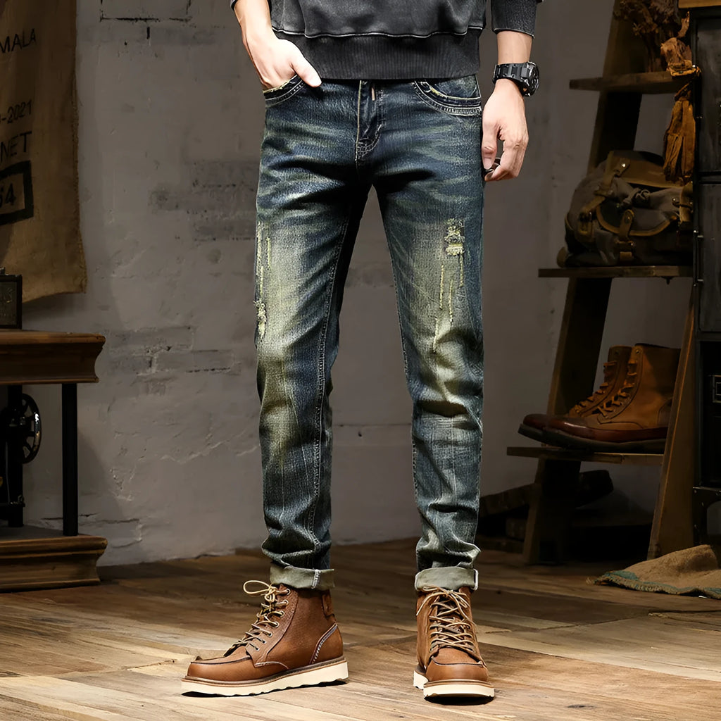 Men's skinny fit jeans in a retro colour with a zip fly fastening.