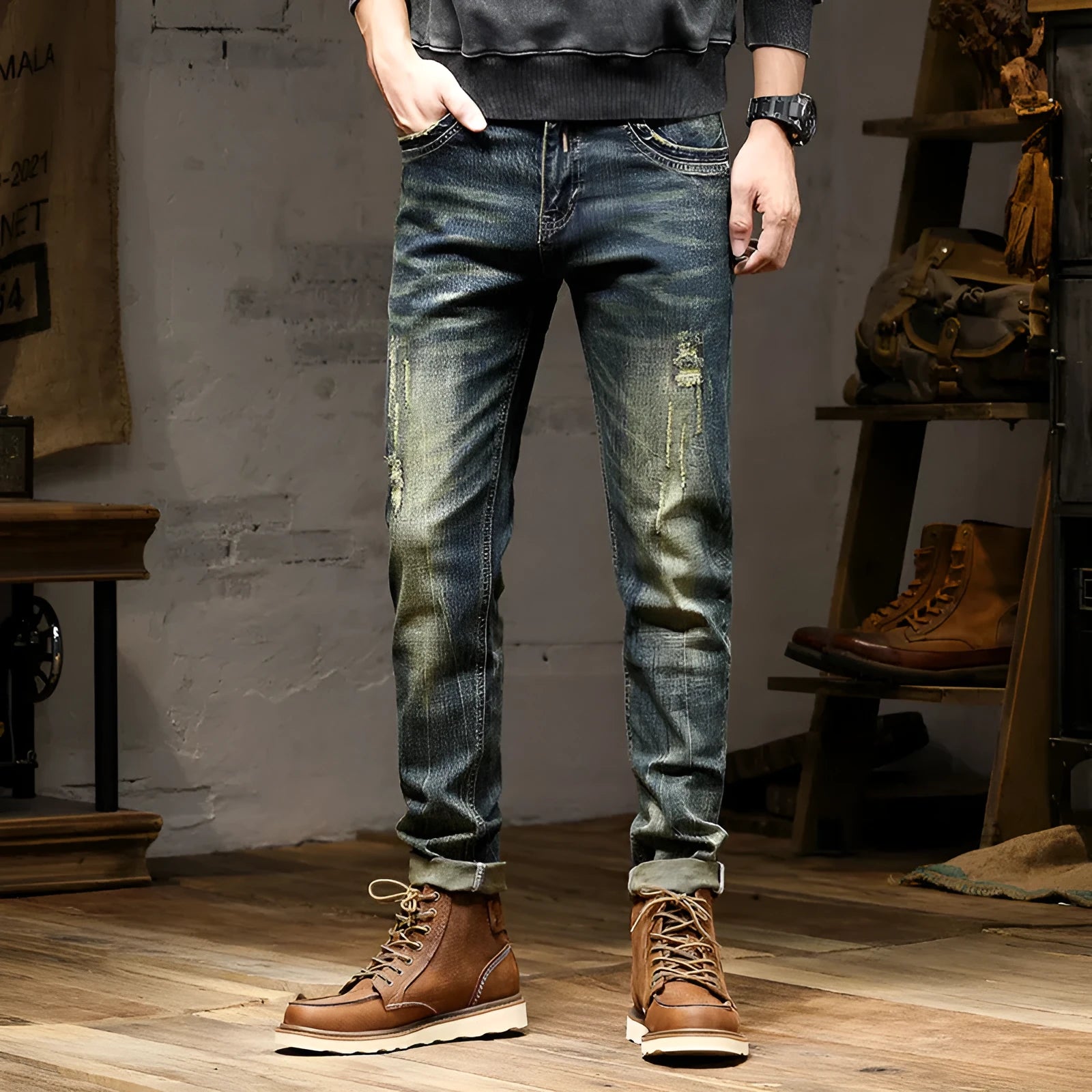 Men's skinny fit jeans in a retro colour with a zip fly fastening.