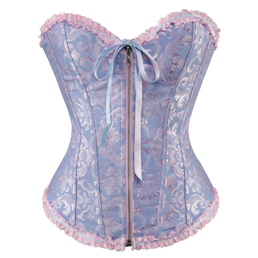 Women's front zip jacquard corset in spandex fabric for waist support and shaping