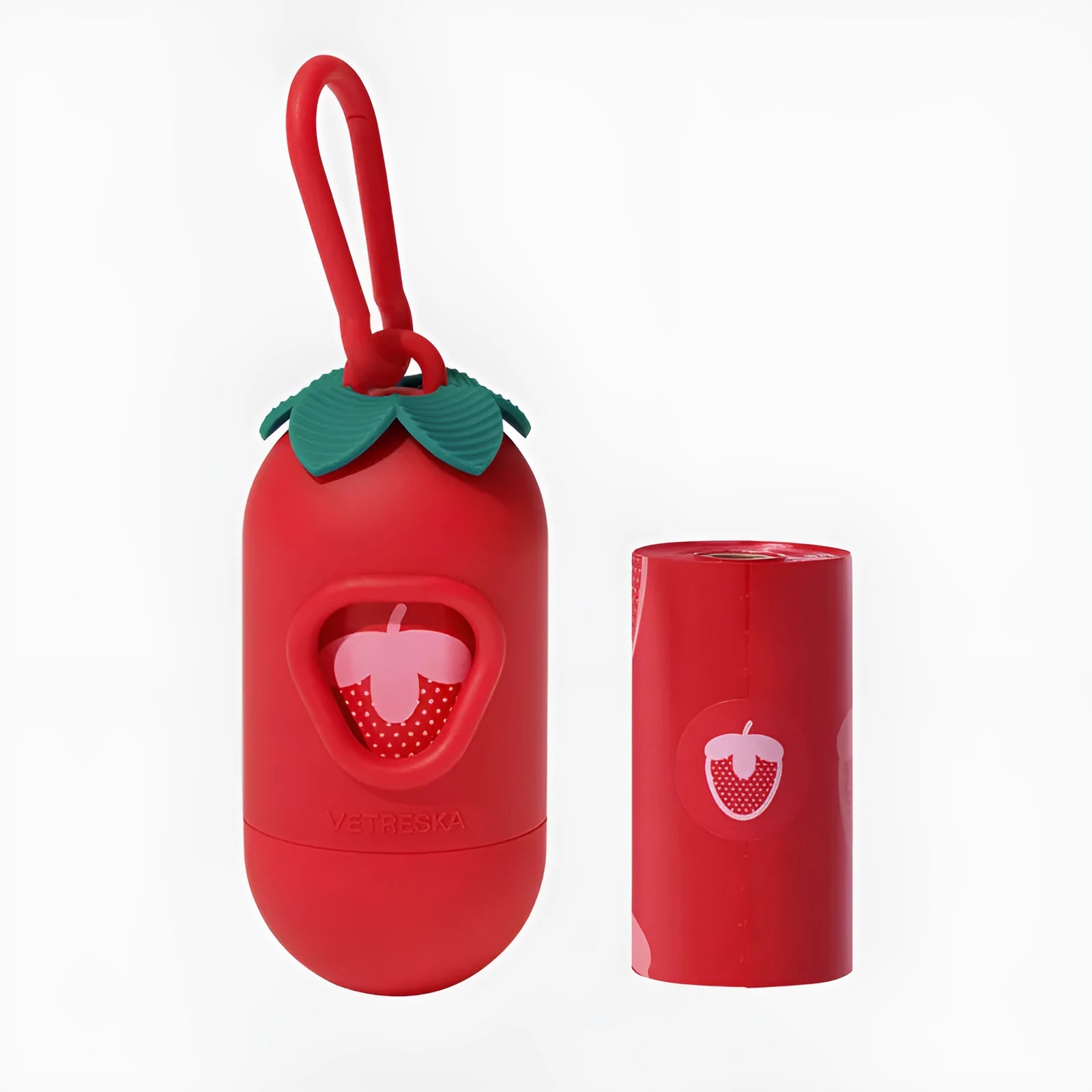 Portable dog poo bag dispenser capsule with strawberry design and a roll of scented biodegradable bags.