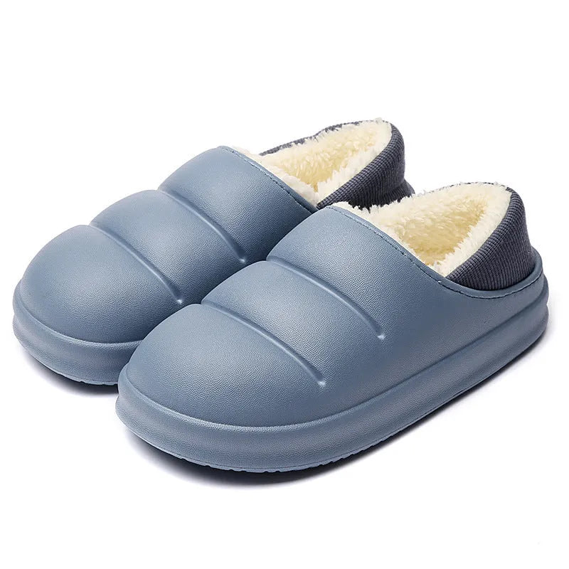 A pair of green EVA couple slippers with plush lining, shown as indoor house shoes and outdoor garden overshoes.