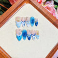 Blue hand-painted carved summer ice transparent plastic fake nails with floral design