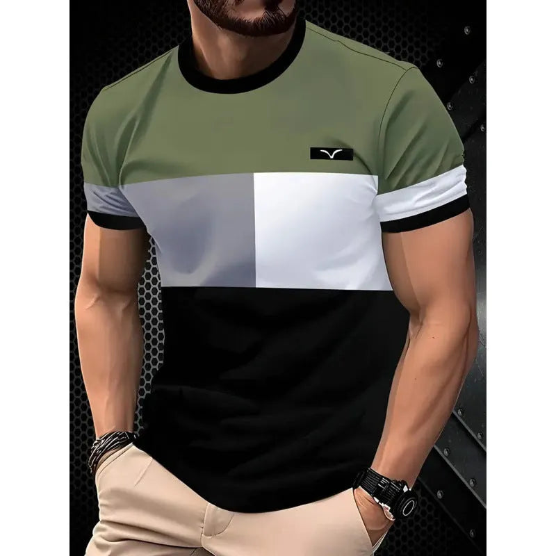Man wearing a loose-fit short-sleeved T-shirt with a digital 3D printed stripe pattern in a casual setting.