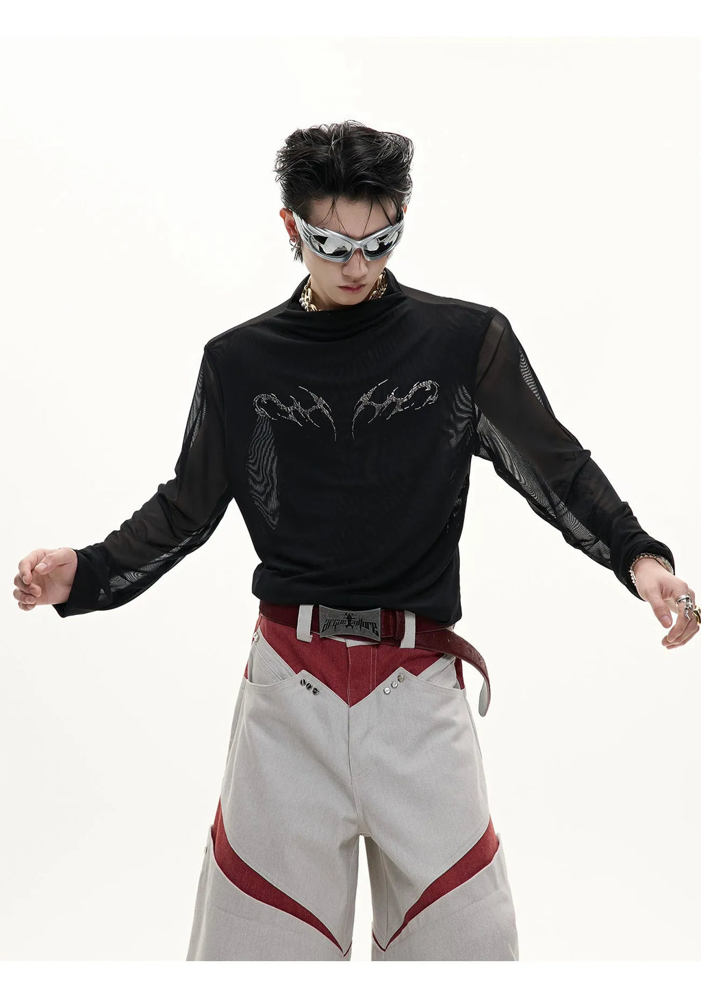 Man's black slim-fit long sleeve mesh shirt for gym wear and training.