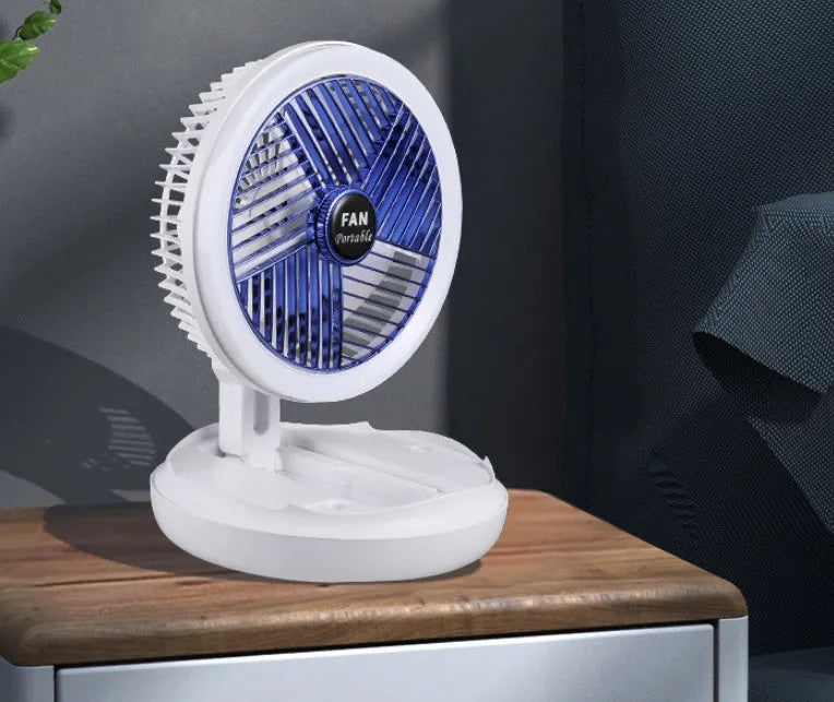 Blue foldable USB desk fan with LED light shown in wall-mounted and desk positions