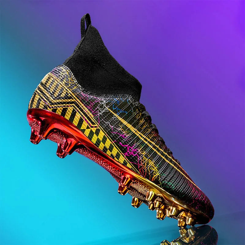 Men's high-top football shoes with gold plated sole in white, black, and mandarin duck colours.