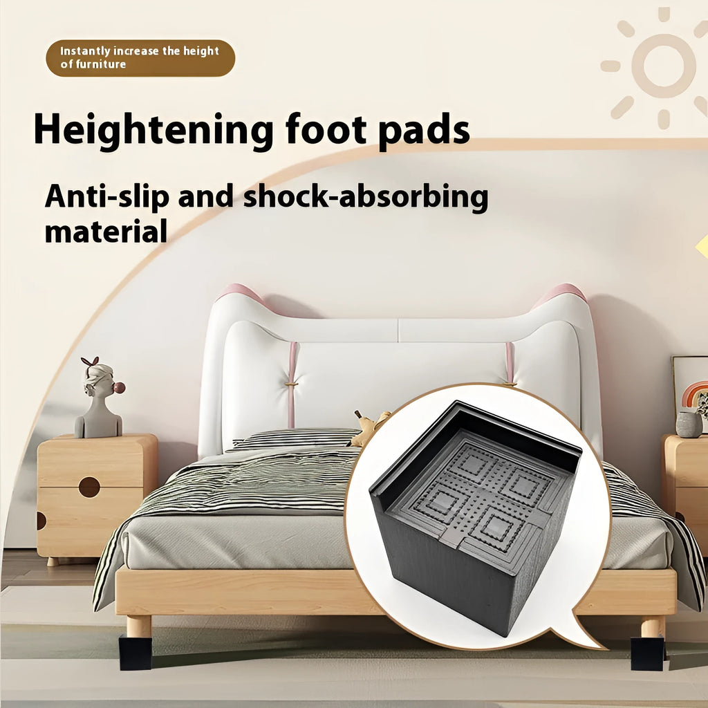 Four black thickened plastic furniture foot mats for height increase and stabilisation