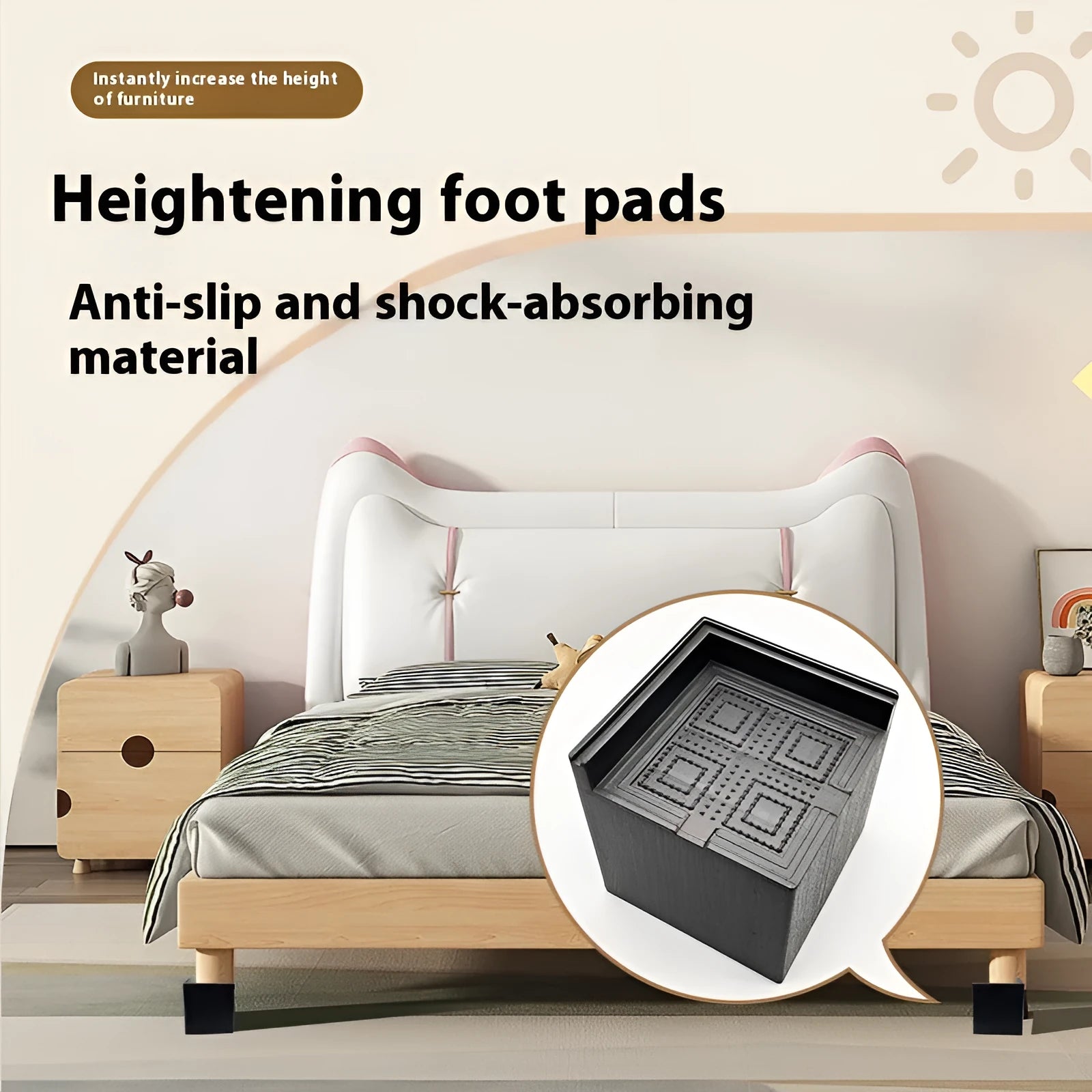 Four black thickened plastic furniture foot mats for height increase and stabilisation