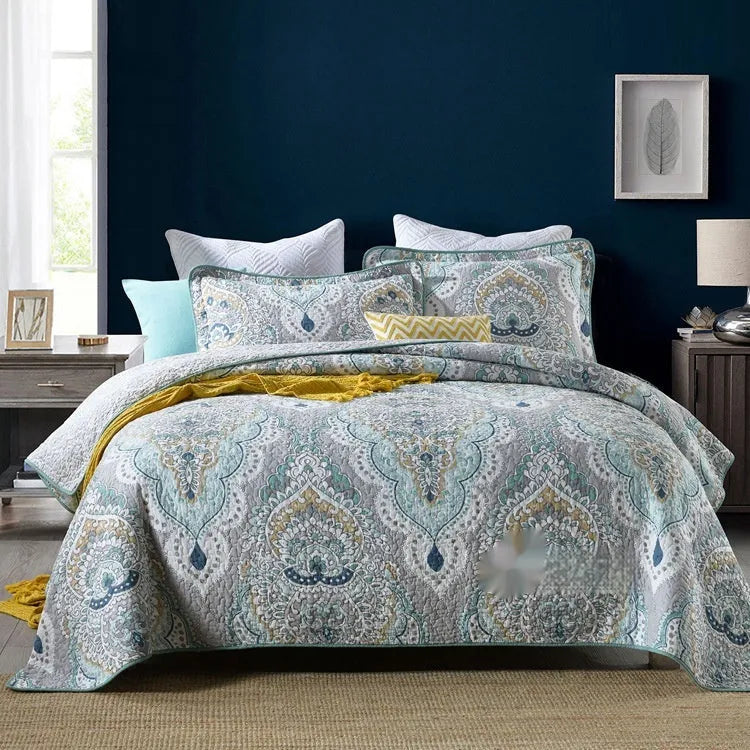Pure cotton quilted bed cover set with printed pattern for 1.5-1.8 metre beds