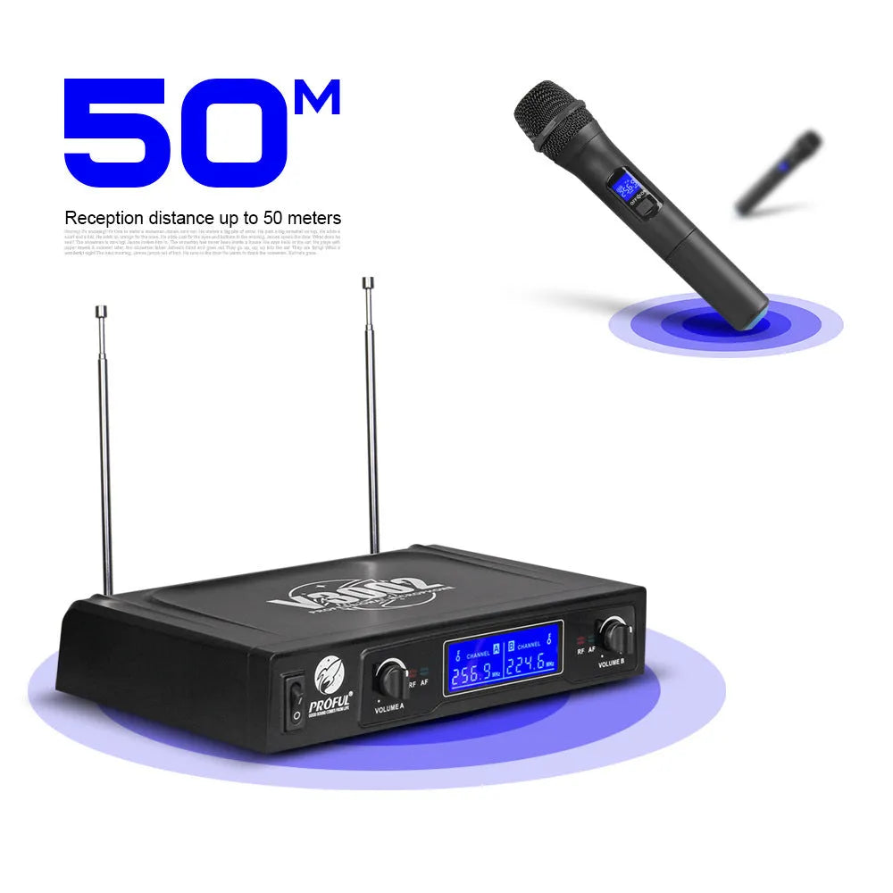 V-3002 wireless microphone system with two black handheld microphones and a transmitter unit.