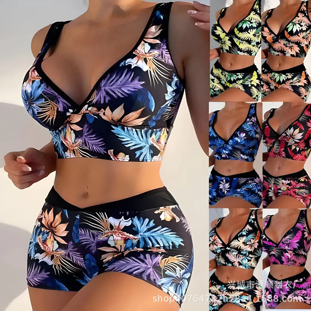 Women's two-piece printed swimsuit set showing sleeveless top and briefs-style bottom in one of seven colour patterns