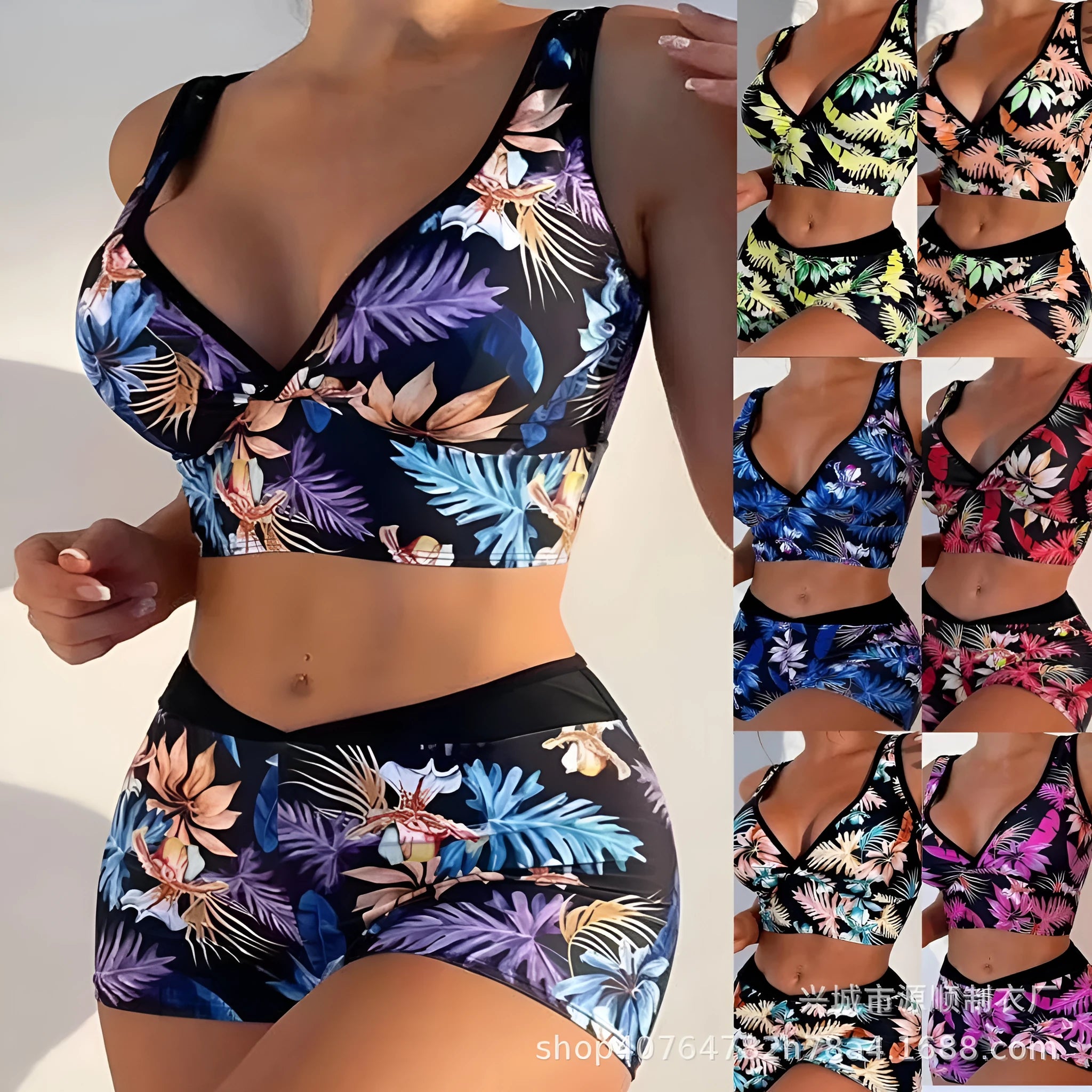 Women's two-piece printed swimsuit set showing sleeveless top and briefs-style bottom in one of seven colour patterns