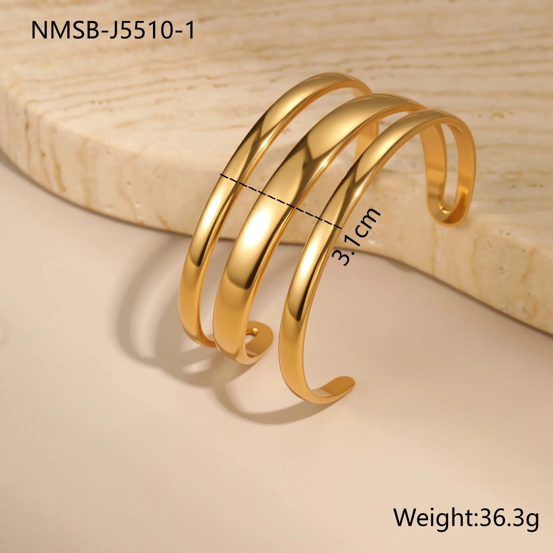 Geometric stainless steel women's bracelet with a simple opening mechanism, shown in gold and steel finish options.