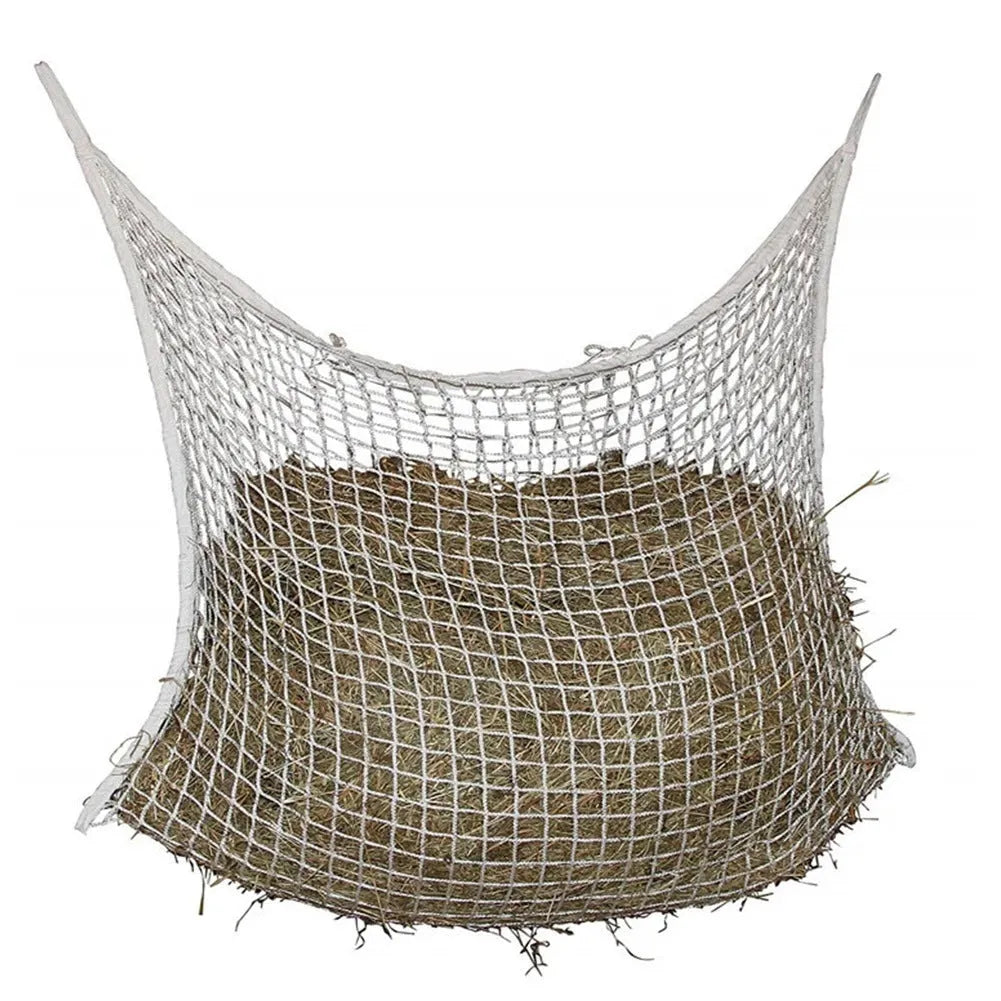 Woven grid horse hanging feeding bag in black colour with PE rope construction