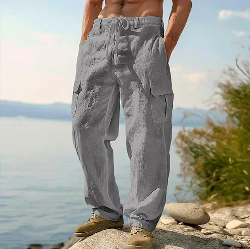 Men's cotton wide-leg trousers in light army green colour with casual mid waist design