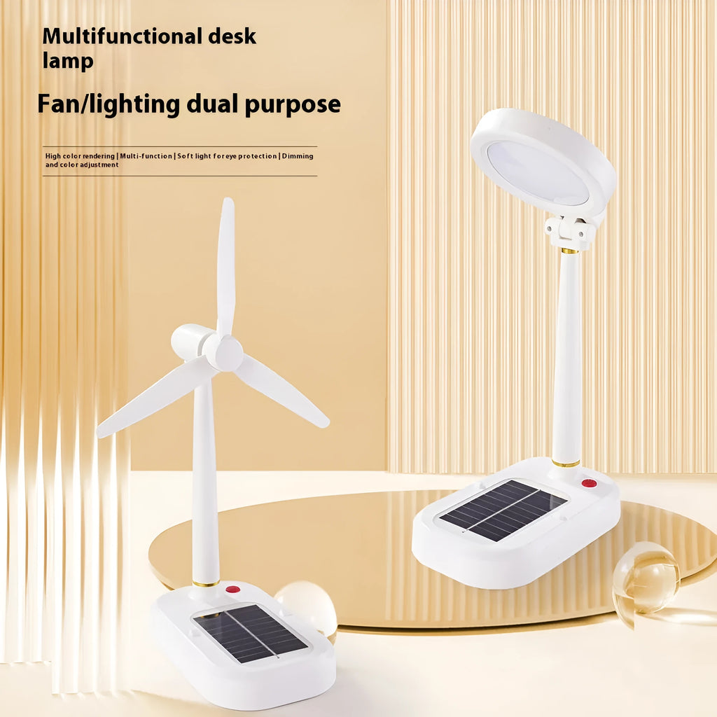Ivory white solar powered table fan with integrated LED study lamp on desktop