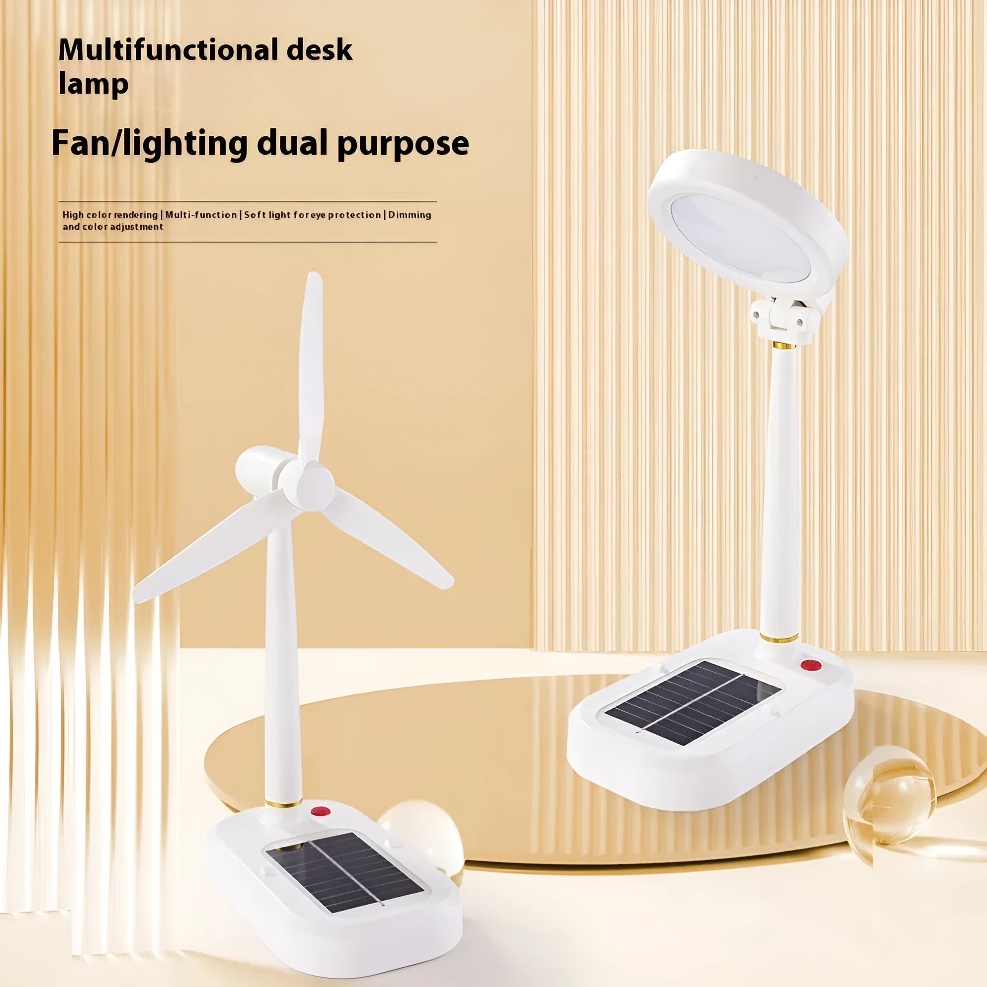 Ivory white solar powered table fan with integrated LED study lamp on desktop