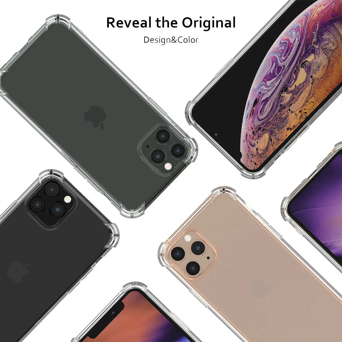Clear transparent TPU shockproof phone case for Apple iPhone models on a white background.