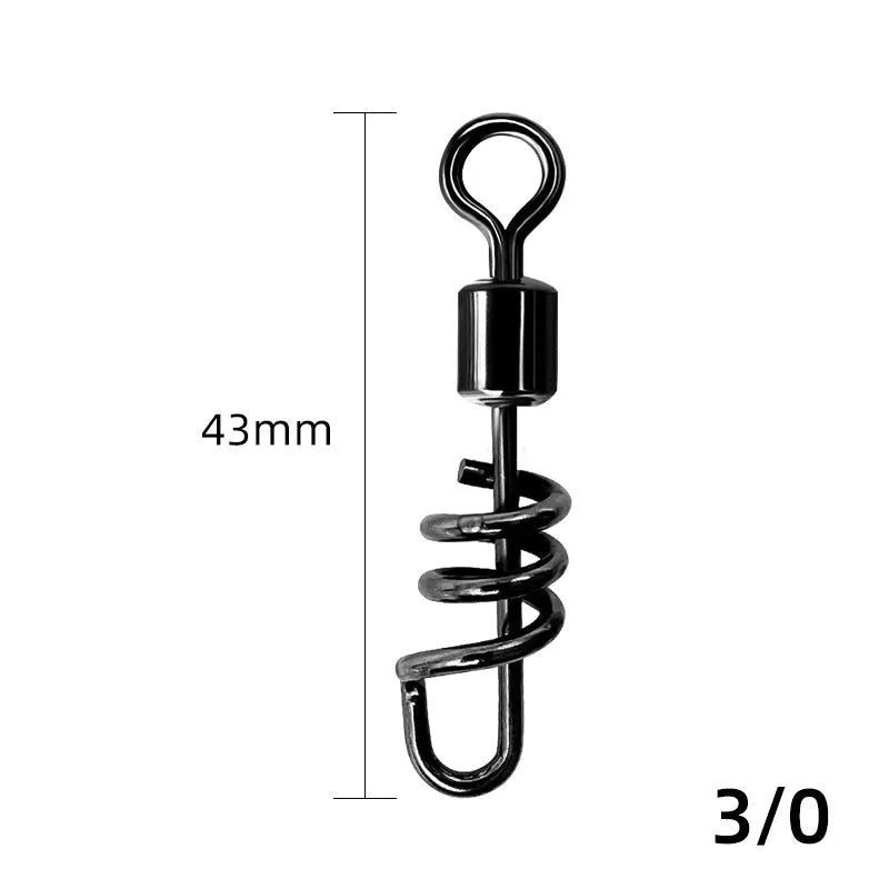 Copper and stainless steel 8-shaped fishing swivel connector in seven different sizes.