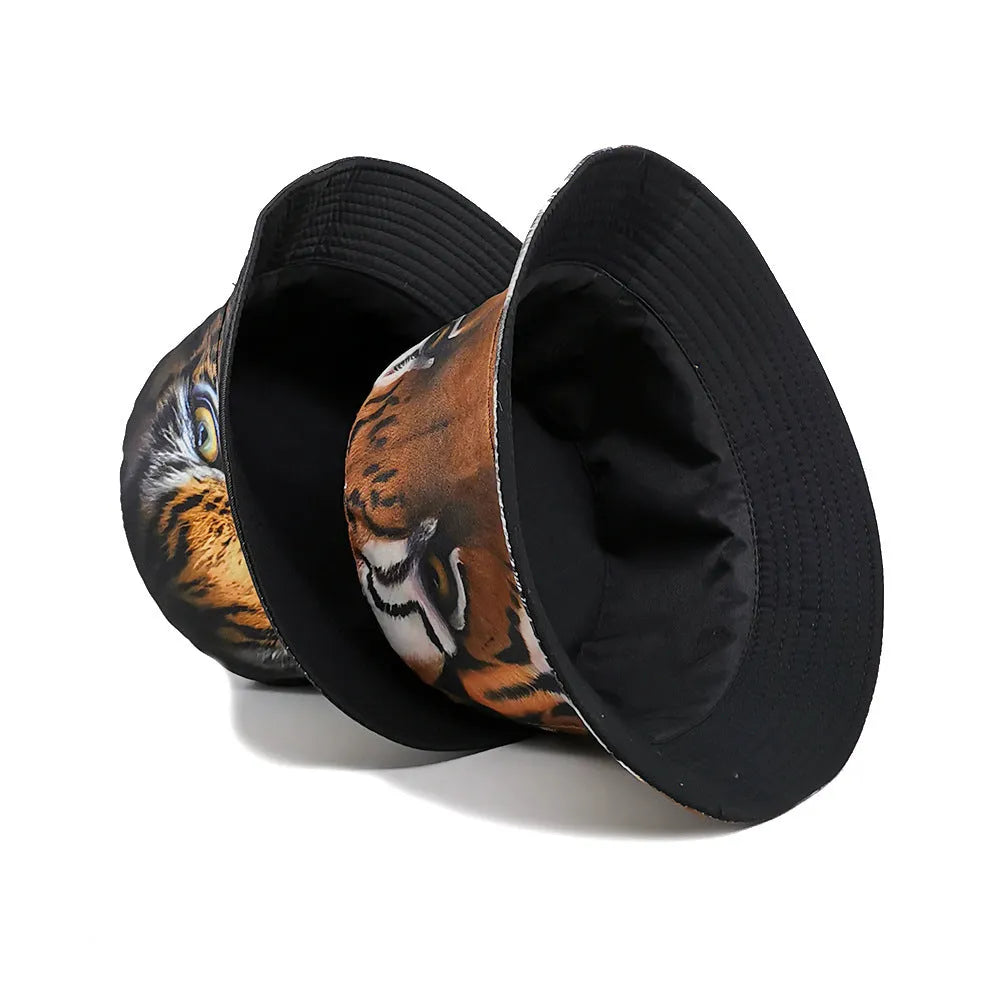 Khaki tiger print polyester bucket hat with dome crown on a neutral background