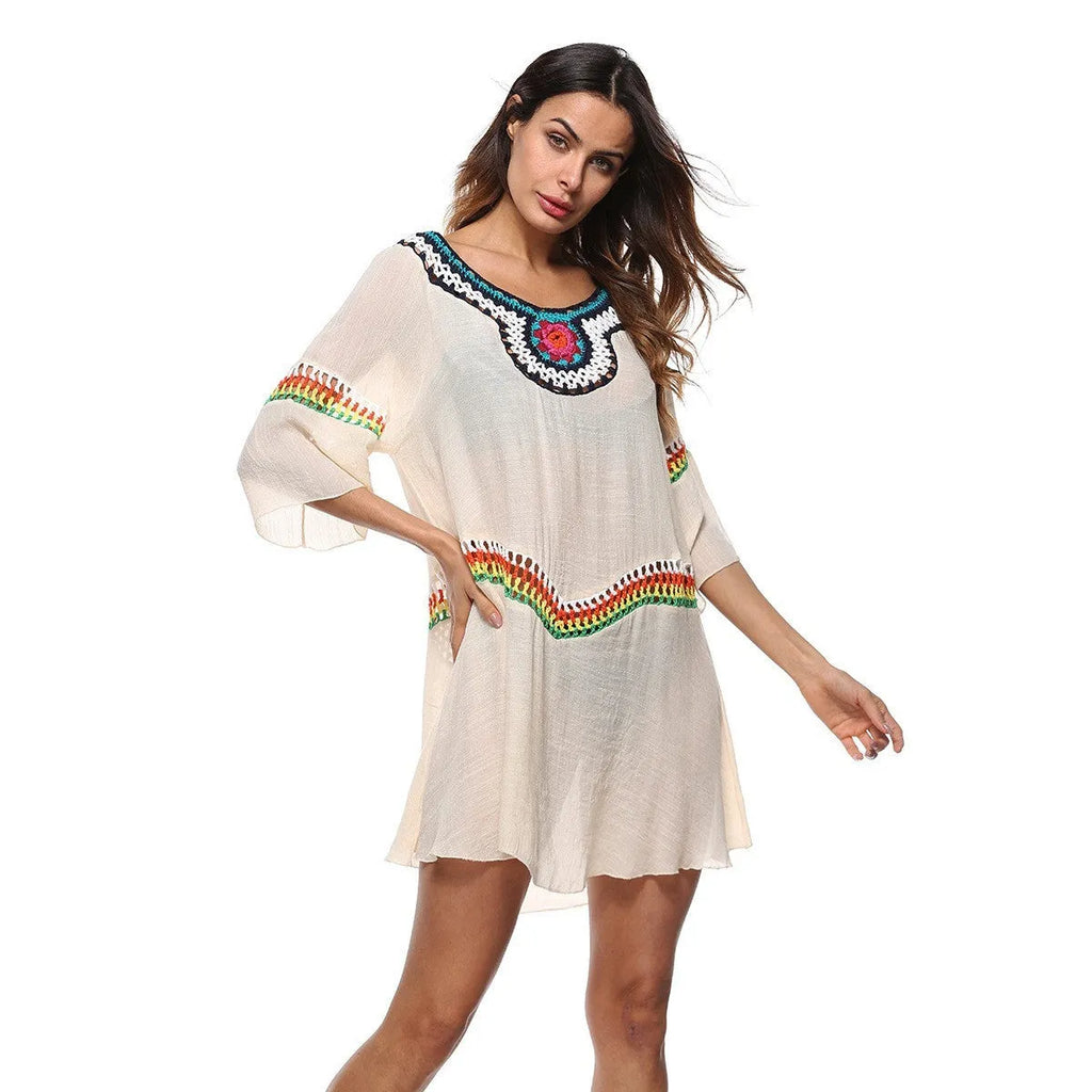 Crocheted ethnic style beach sun protection clothing for women in white, black, blue or apricot