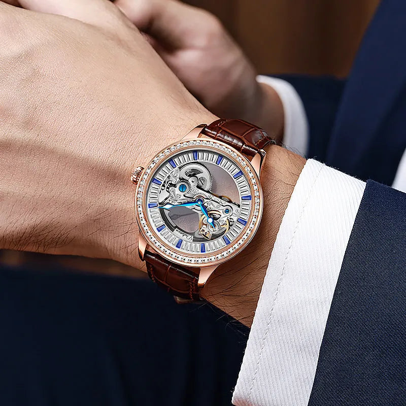 Men's luxury zircon mechanical watch with stainless steel case and black leather strap