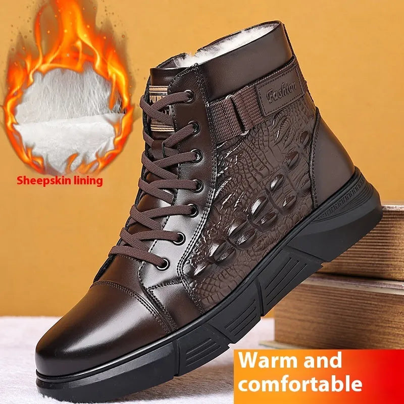 Men's black and brown genuine leather winter boots with fur lining and non-slip rubber soles