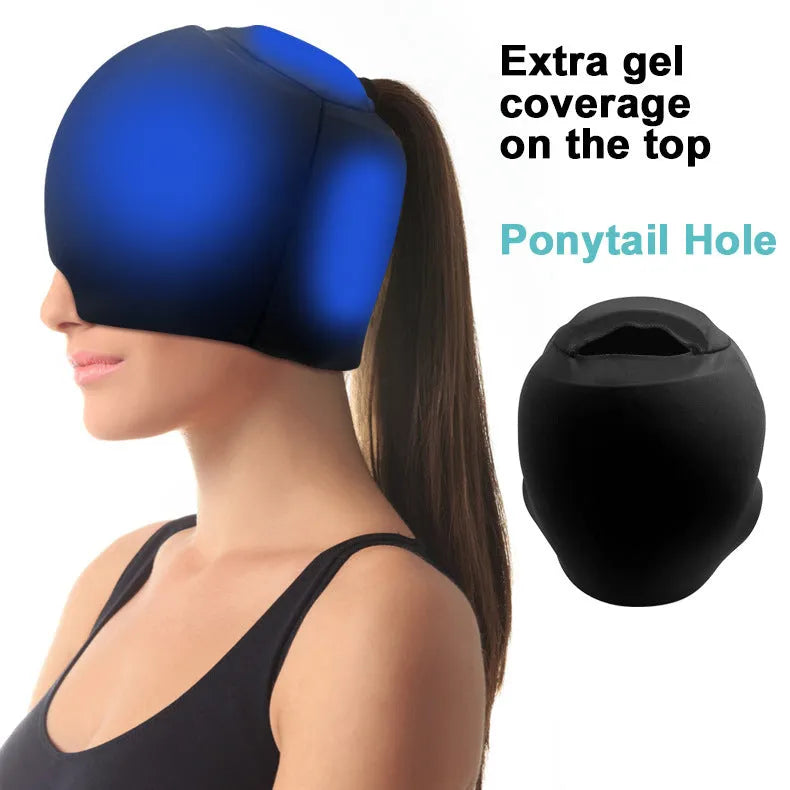 Simple solid colour cold compress cap in polyester, shown in black, dark blue, and pink.