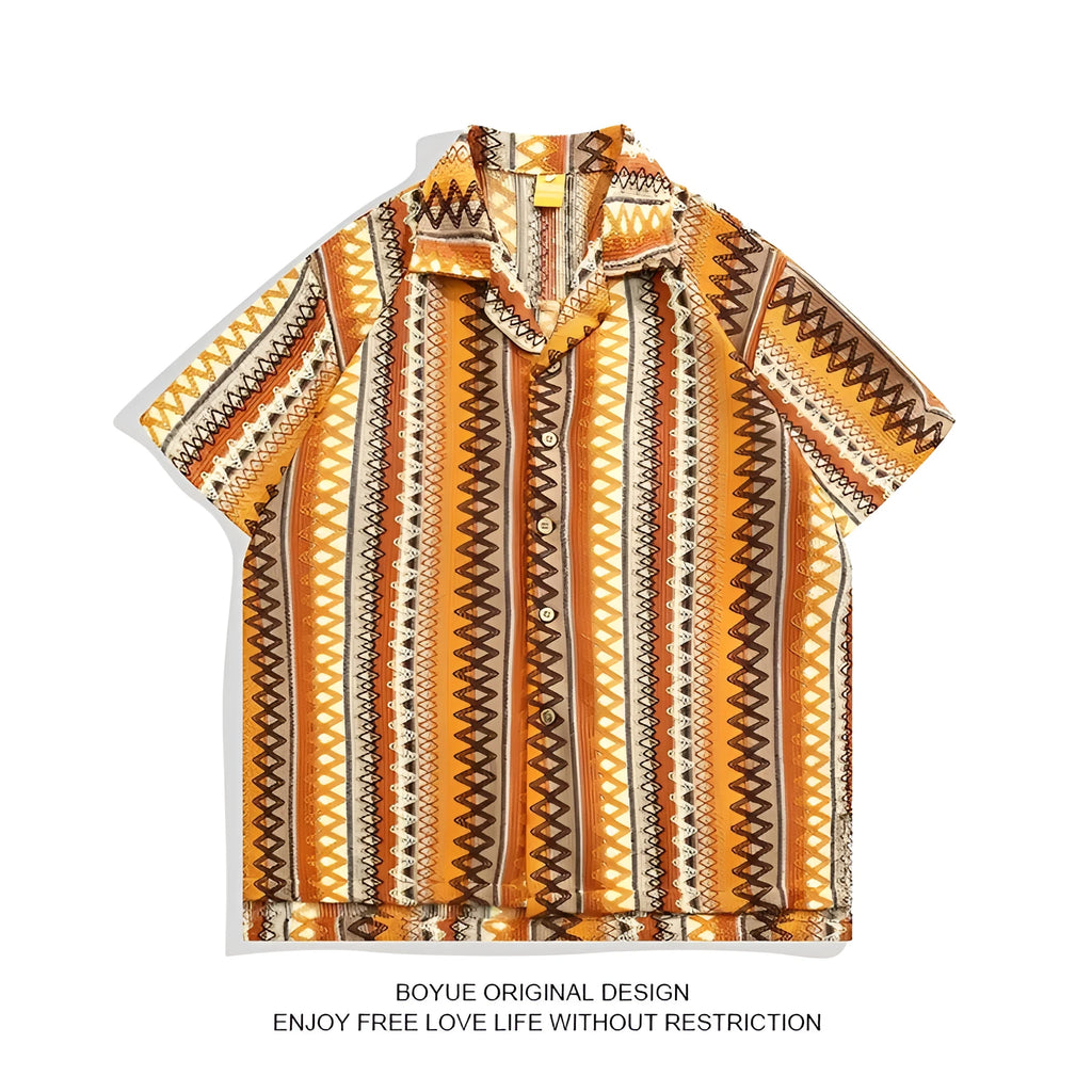 Ethnic style woven shirt with Cuban collar and drop shoulder sleeves in contrast colours