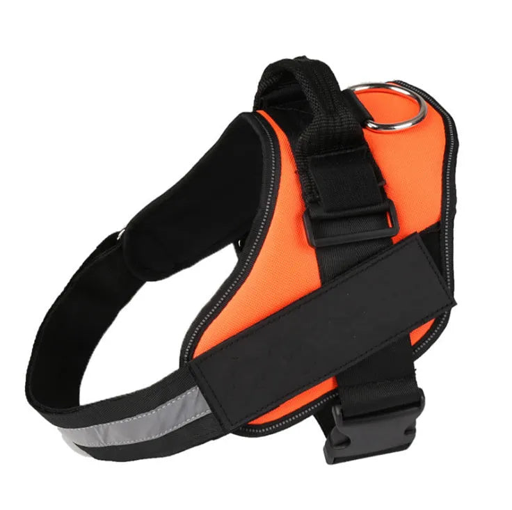 A reflective adjustable no-pull dog harness in a vest style, shown on a dog with a personalised patch.
