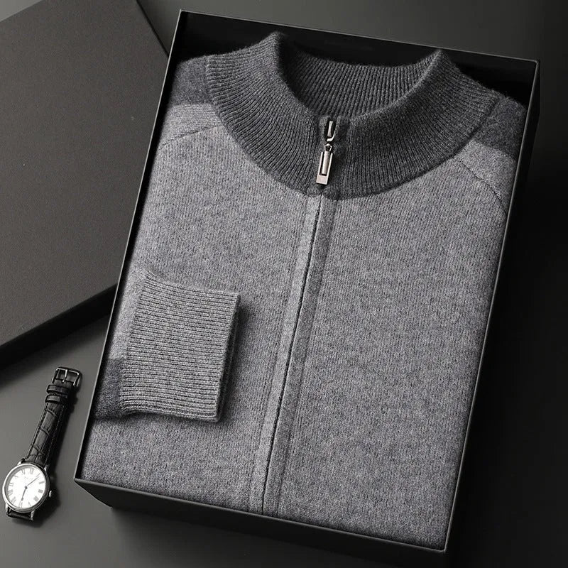 Men's cashmere blend cardigan suit with half turtleneck zip and matching trousers in winter colours