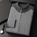 Men's cashmere blend cardigan suit with half turtleneck zip and matching trousers in winter colours