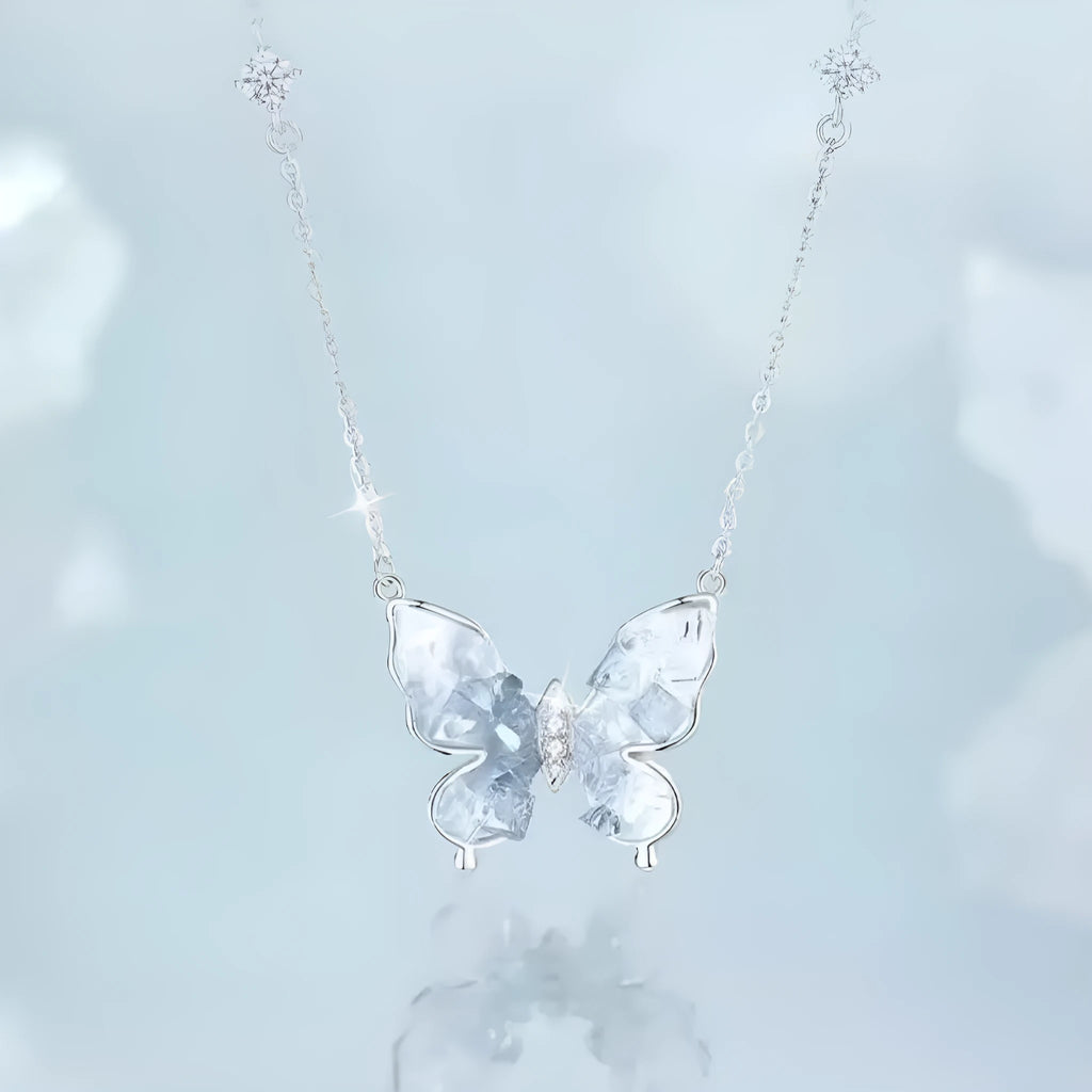 S925 sterling silver Bingyu butterfly necklace with ice rain pendant on O-ring chain