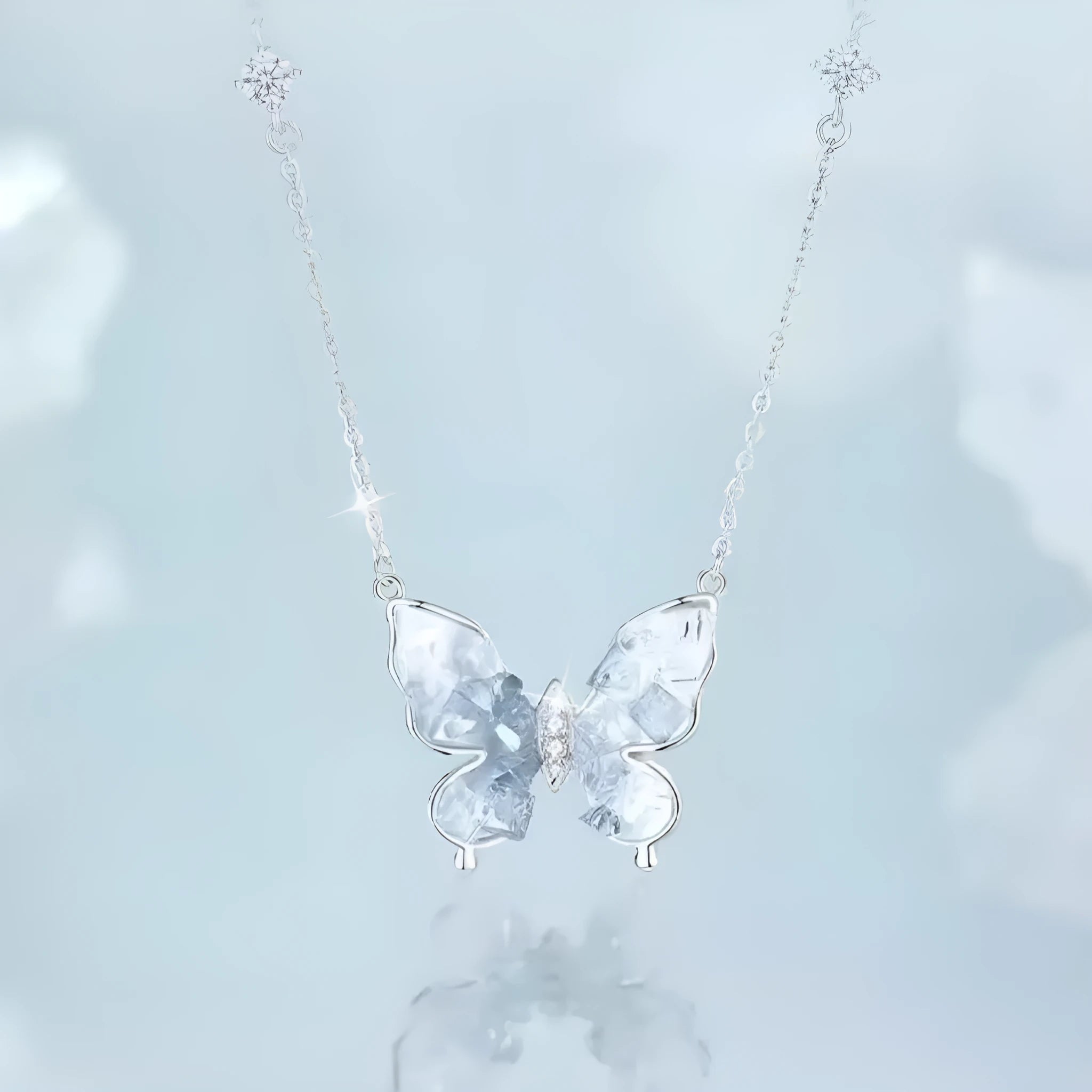 S925 sterling silver Bingyu butterfly necklace with ice rain pendant on O-ring chain