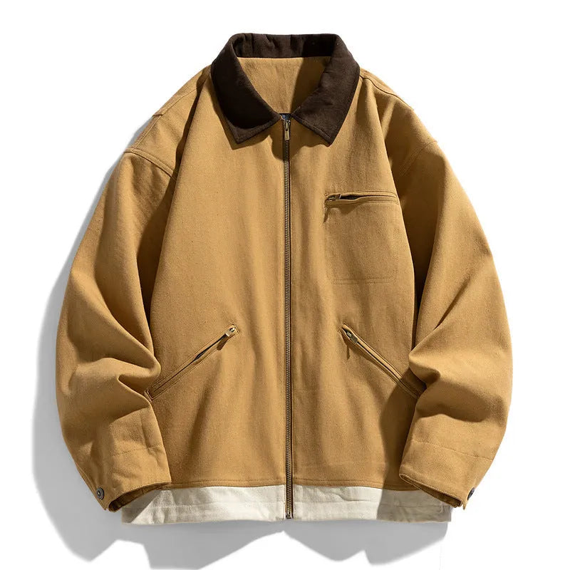 Men's American retro workwear jacket with contrast colour lapels, loose fit autumn styling