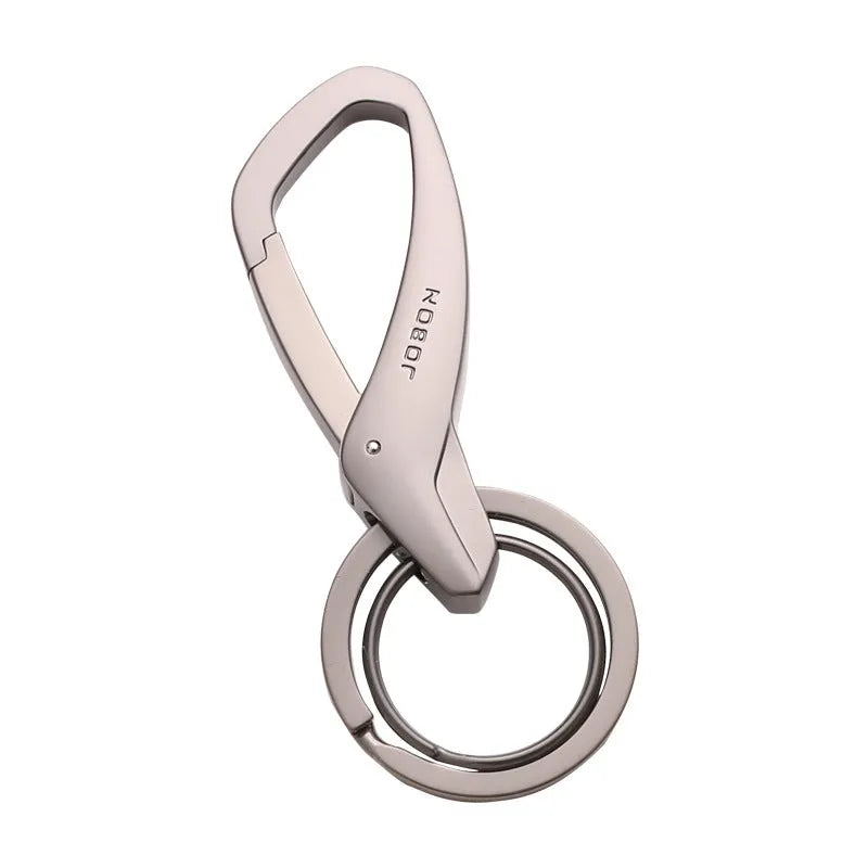 Zinc alloy car key chain with double rings, measuring 8.3x3.5cm in black, chrome, and nickel colours